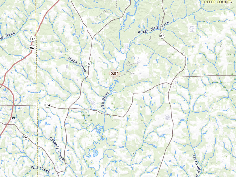 Radar-estimated hail-size map of the storm over Elba, AL on Jul 9, 2026