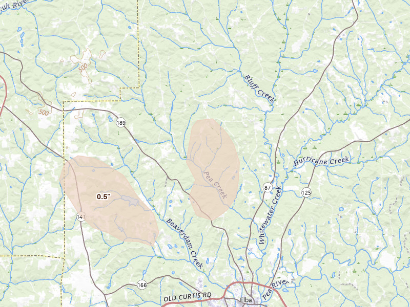Radar-estimated hail-size map of the storm over Elba, AL on Jul 27, 2026
