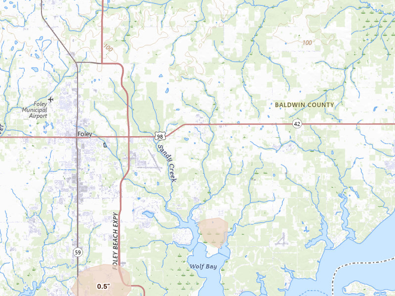 Radar-estimated hail-size map of the storm over Elberta, AL on Mar 15, 2026