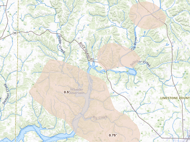 Radar-estimated hail-size map of the storm over Elkmont, AL on Jun 1, 2026