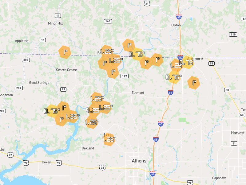 Hail map of Elkmont, AL on Jun 1, 2026, hail up to 1.25"