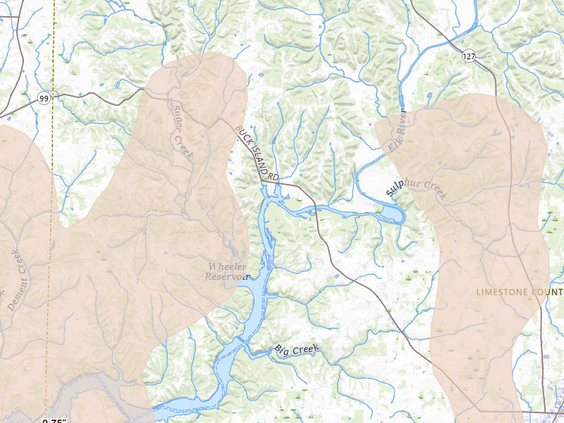 Radar-estimated hail-size map of the storm over Elkmont, AL on Jul 1, 2026