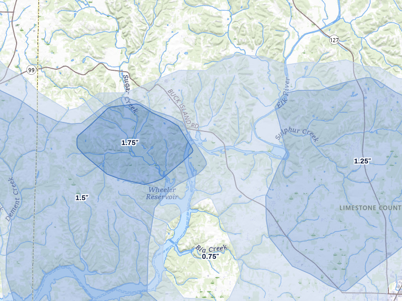 NEXRAD radar-signature map of the hail storm over Elkmont, AL on Jul 1, 2026
