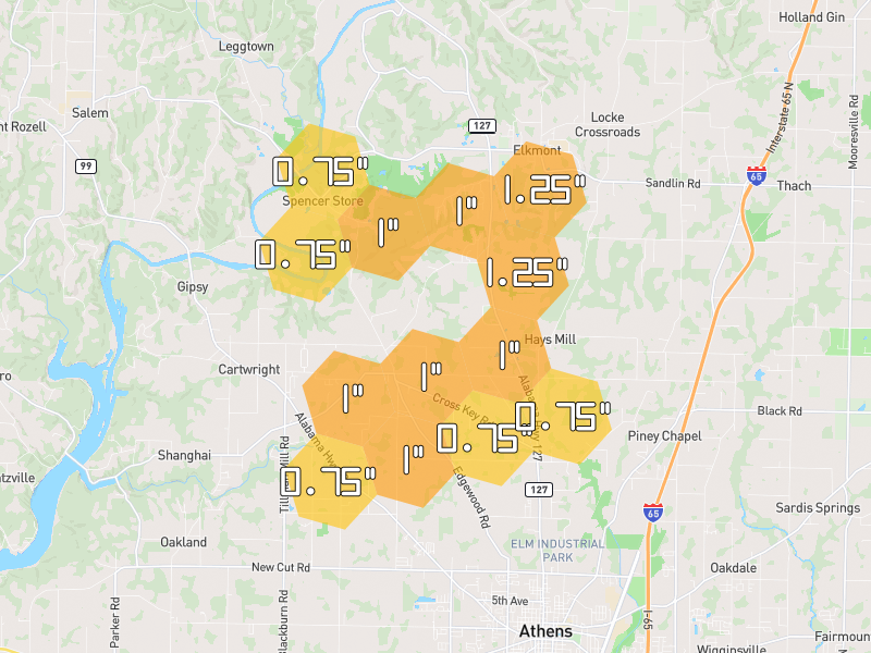 Hail map of Elkmont, AL on Jul 1, 2026, hail up to 1.75"