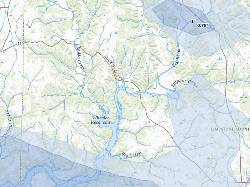 NEXRAD radar-signature map of the hail storm over Elkmont, AL on Jul 9, 2026