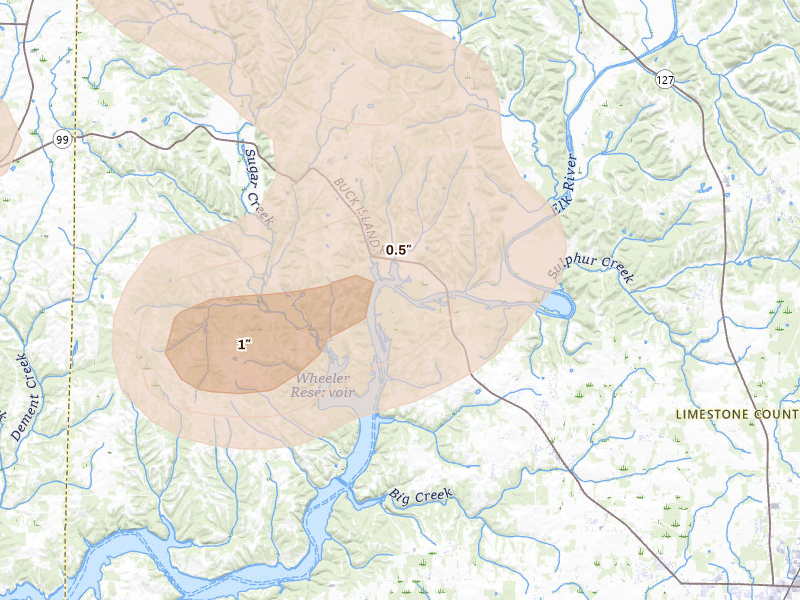 Radar-estimated hail-size map of the storm over Elkmont, AL on Aug 20, 2026