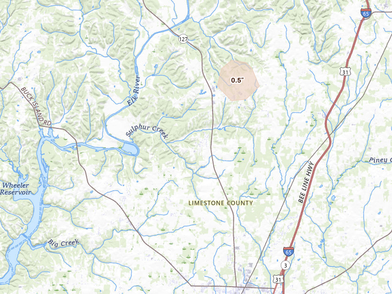 Radar-estimated hail-size map of the storm over Elkmont, AL