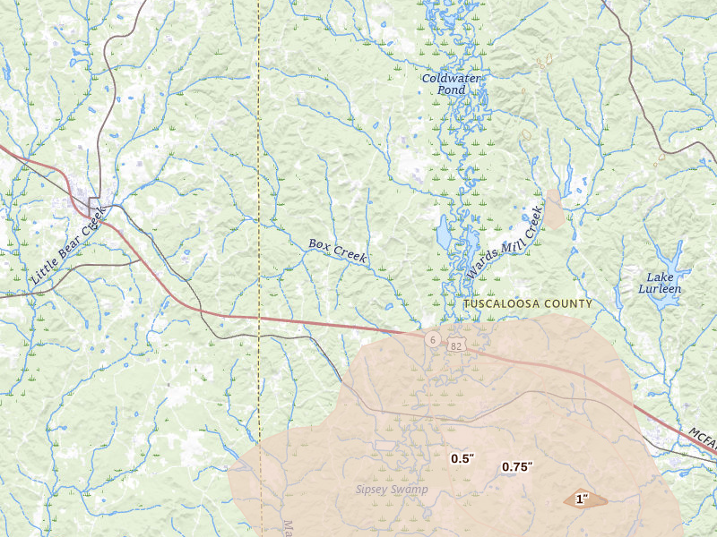 Radar-estimated hail-size map of the storm over Elrod, AL on Jul 1, 2026
