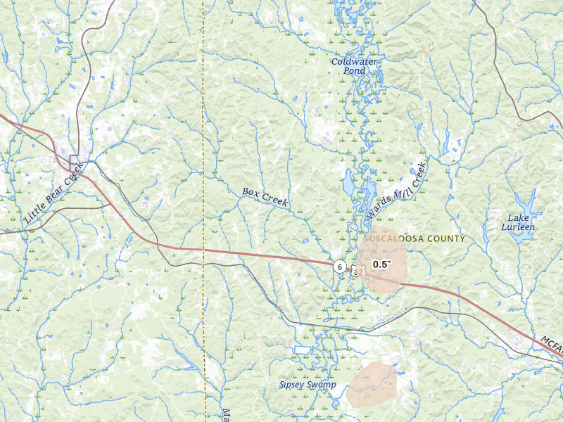Radar-estimated hail-size map of the storm over Elrod, AL on Jul 3, 2026