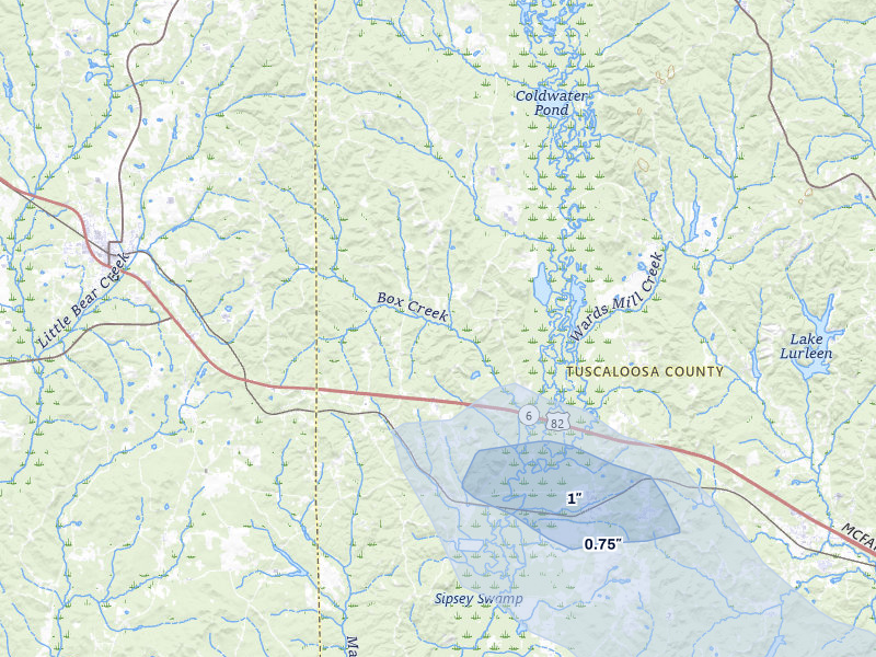 NEXRAD radar-signature map of the hail storm over Elrod, AL on Jul 3, 2026