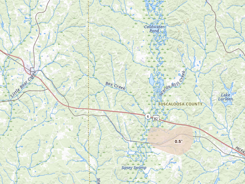Radar-estimated hail-size map of the storm over Elrod, AL on Jul 31, 2026