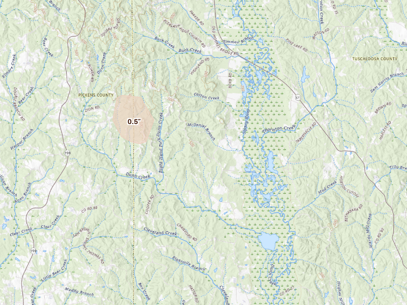 Radar-estimated hail-size map of the storm over Elrod, AL on Sep 19, 2026