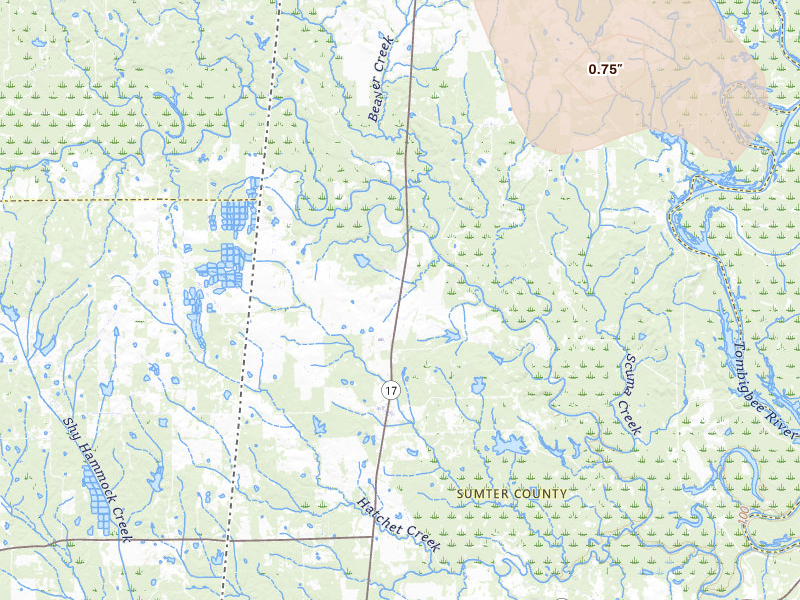 Radar-estimated hail-size map of the storm over Emelle, AL on Jul 9, 2026