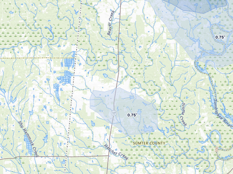 NEXRAD radar-signature map of the hail storm over Emelle, AL on Jul 9, 2026