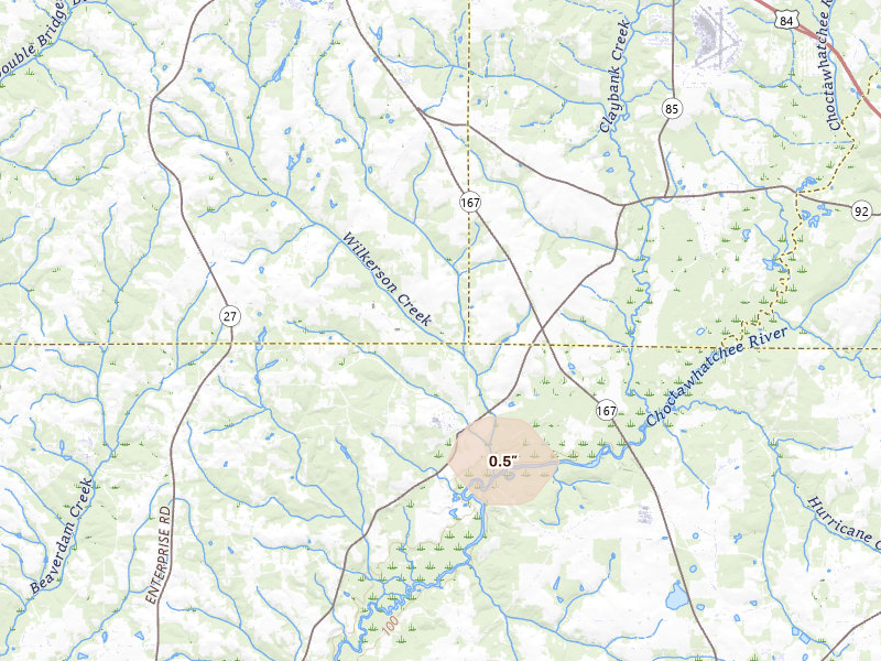 Radar-estimated hail-size map of the storm over Enterprise, AL on Jul 30, 2026