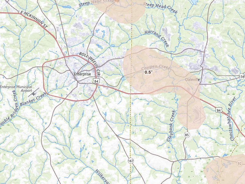 Radar-estimated hail-size map of the storm over Enterprise, AL on Aug 12, 2026