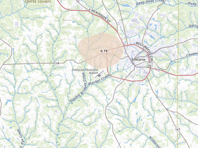 Radar-estimated hail-size map of the storm over Enterprise, AL on Aug 15, 2026