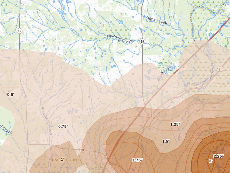 Radar-estimated hail-size map of the storm over Epes, AL on May 6, 2026