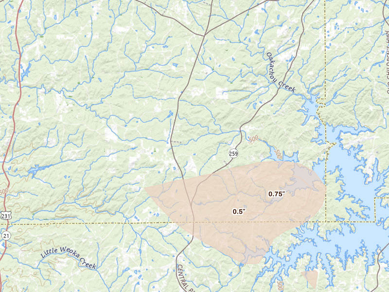 Radar-estimated hail-size map of the storm over Equality, AL on Jul 1, 2026