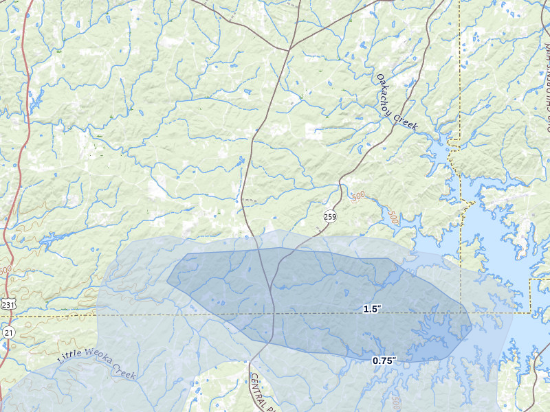 NEXRAD radar-signature map of the hail storm over Equality, AL on Jul 1, 2026