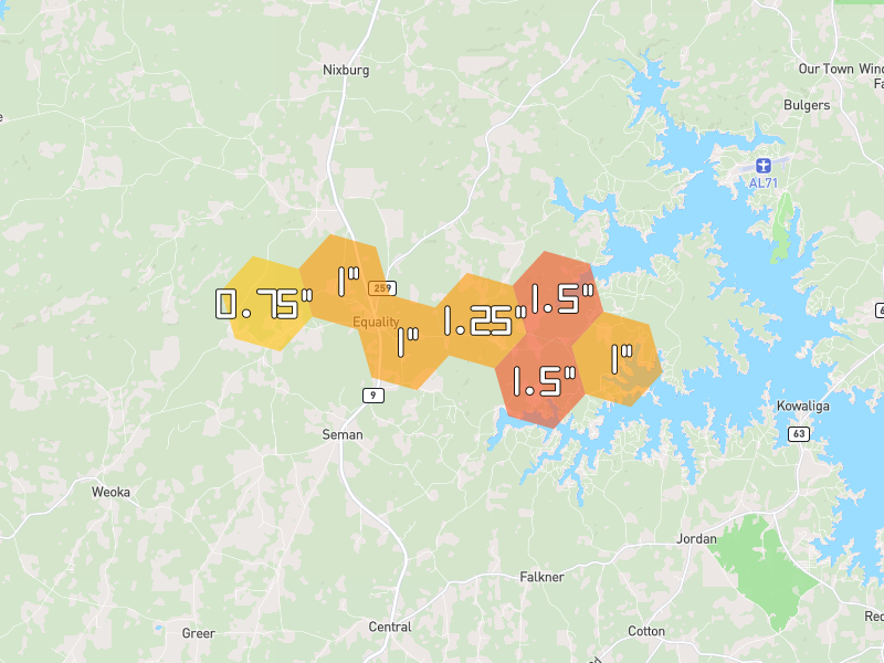 Hail map of Equality, AL on Jul 1, 2026, hail up to 1.5"
