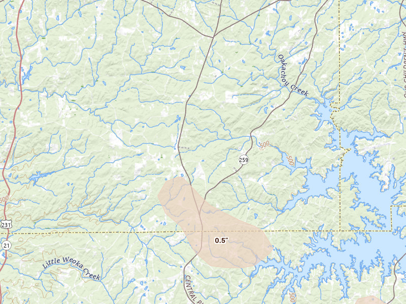 Radar-estimated hail-size map of the storm over Equality, AL on Aug 14, 2026