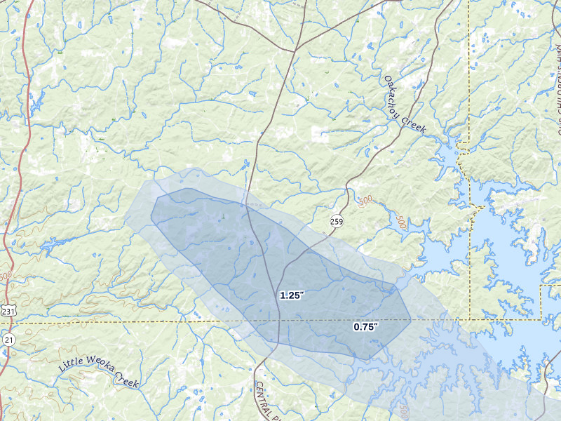 NEXRAD radar-signature map of the hail storm over Equality, AL on Aug 14, 2026