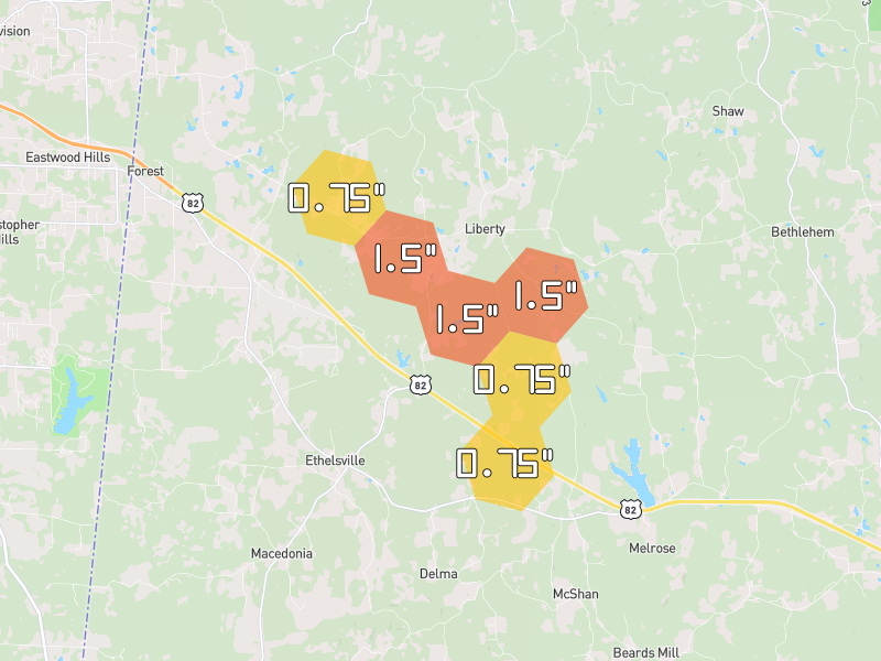 Hail map of Ethelsville, AL on Jun 1, 2026, hail up to 1.5"