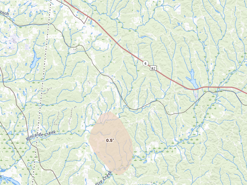 Radar-estimated hail-size map of the storm over Ethelsville, AL on Aug 26, 2026