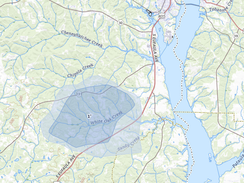 NEXRAD radar-signature map of the hail over Eufaula, AL