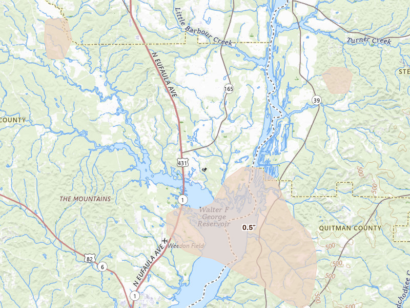 Radar-estimated hail-size map of the storm over Eufaula, AL on Aug 13, 2026