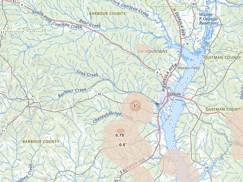 Radar-estimated hail-size map of the storm over Eufaula, AL on Aug 21, 2026