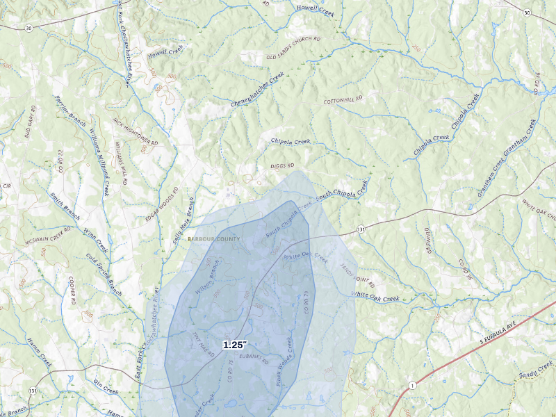 NEXRAD radar-signature map of the hail storm over Eufaula, AL on Sep 6, 2026