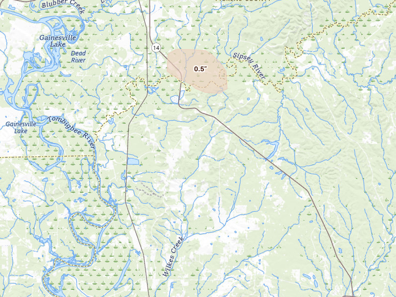 Radar-estimated hail-size map of the storm over Eutaw, AL on Jul 12, 2026