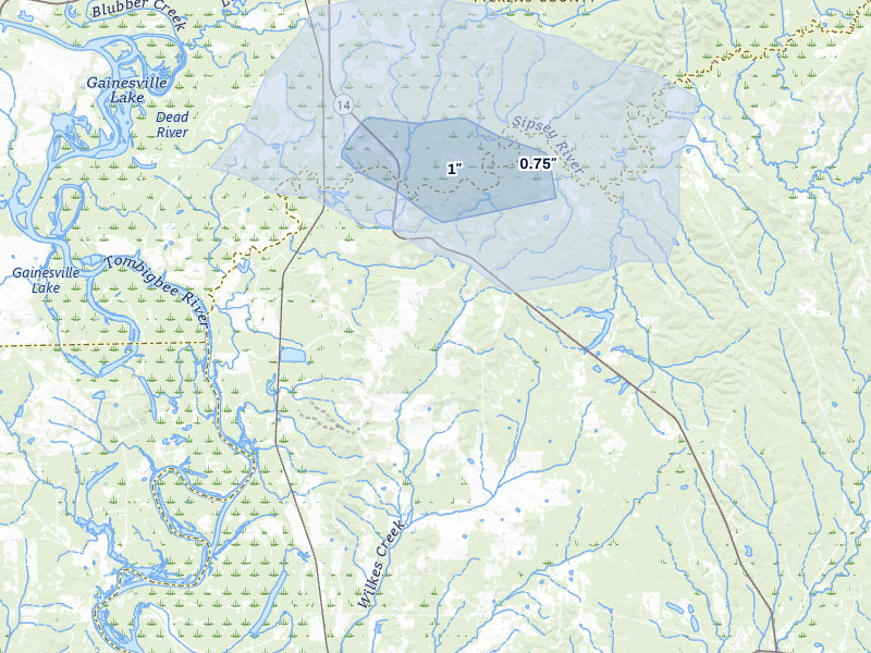 NEXRAD radar-signature map of the hail storm over Eutaw, AL on Jul 12, 2026
