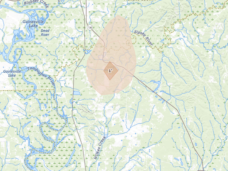 Radar-estimated hail-size map of the storm over Eutaw, AL on Aug 8, 2026