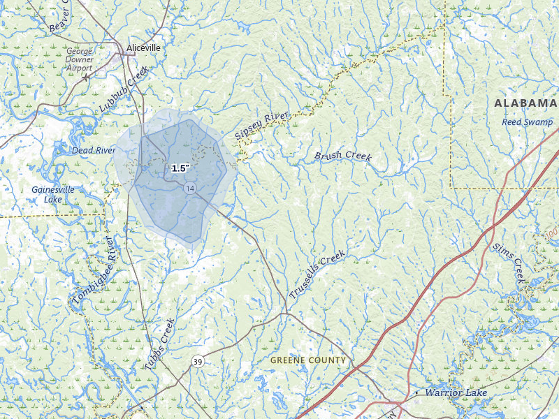 NEXRAD radar-signature map of the hail storm over Eutaw, AL on Aug 8, 2026