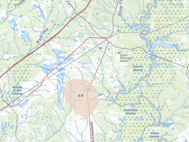 Radar-estimated hail-size map of the storm over Eutaw, AL on Aug 9, 2026