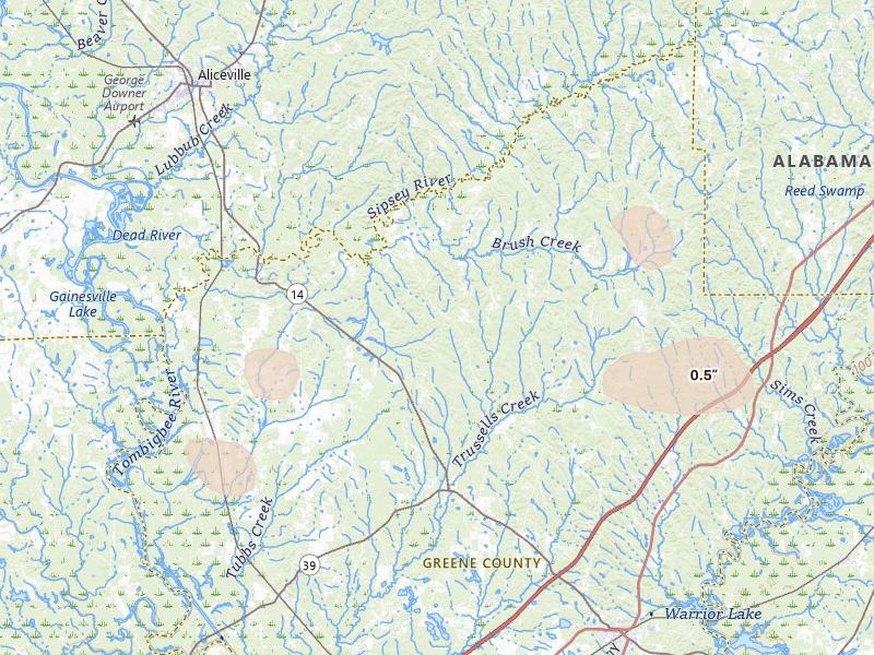 Radar-estimated hail-size map of the storm over Eutaw, AL on Aug 20, 2026
