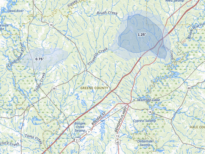 NEXRAD radar-signature map of the hail storm over Eutaw, AL on Aug 20, 2026