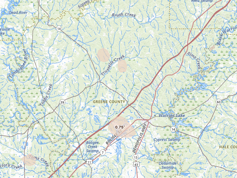 Radar-estimated hail-size map of the storm over Eutaw, AL on Aug 26, 2026