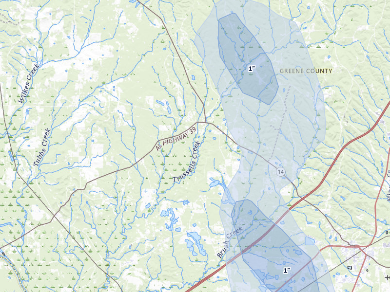 NEXRAD radar-signature map of the hail storm over Eutaw, AL on Aug 26, 2026