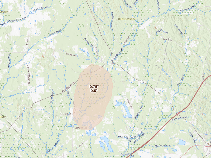 Radar-estimated hail-size map of the storm over Eutaw, AL