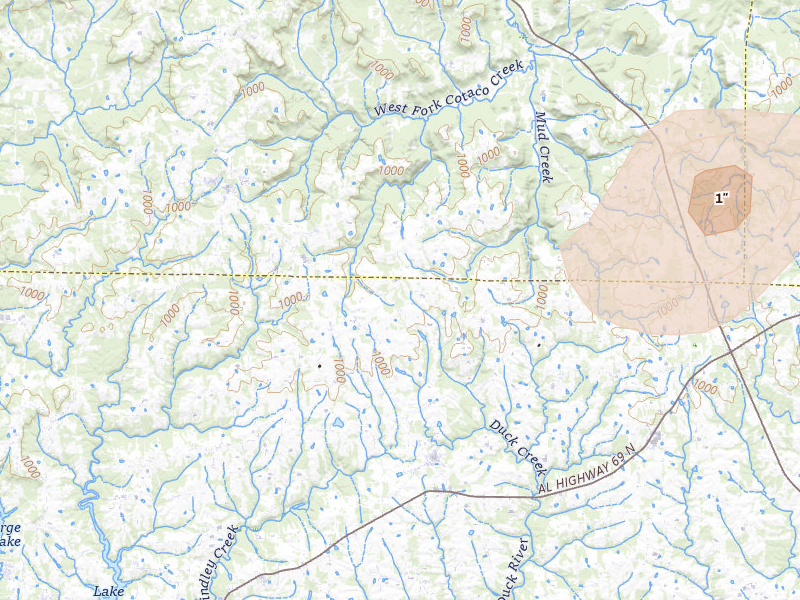 Radar-estimated hail-size map of the storm over Eva, AL on Jul 1, 2026