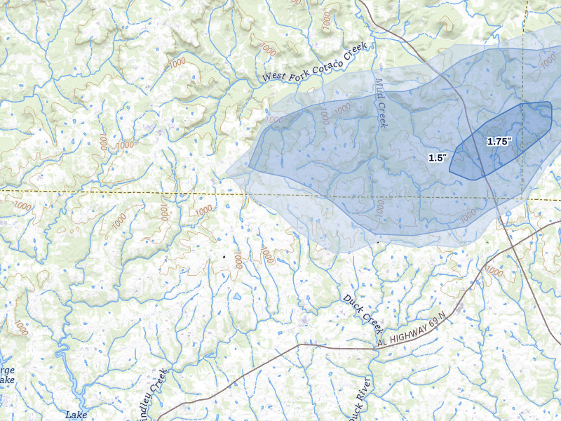 NEXRAD radar-signature map of the hail storm over Eva, AL on Jul 1, 2026