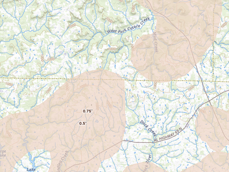 Radar-estimated hail-size map of the storm over Eva, AL on Aug 20, 2026