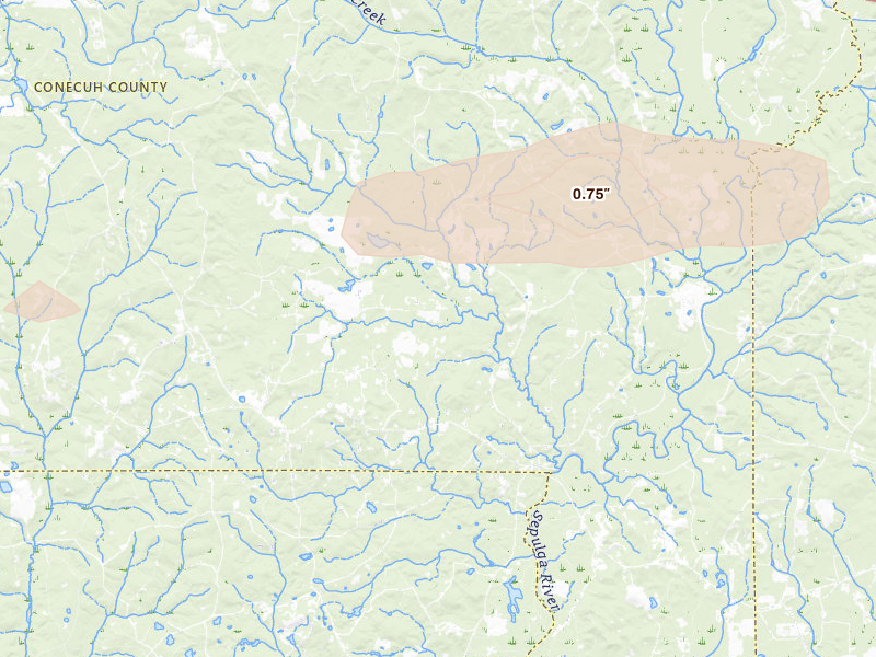 Radar-estimated hail-size map of the storm over Evergreen, AL on Jan 3, 2026