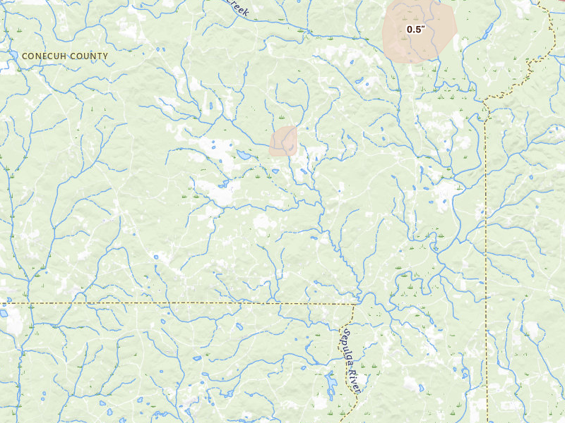 Radar-estimated hail-size map of the storm over Evergreen, AL on Mar 15, 2026