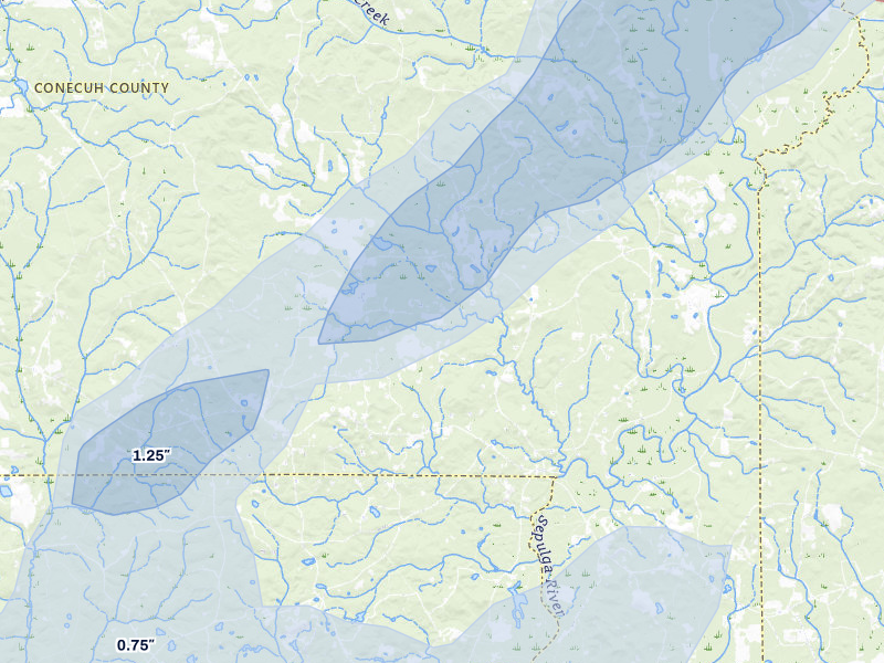 NEXRAD radar-signature map of the hail over Evergreen, AL