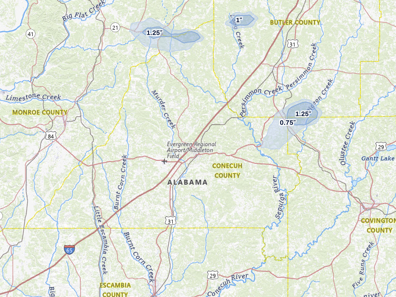 NEXRAD radar-signature map of the hail storm over Evergreen, AL on Jun 30, 2026
